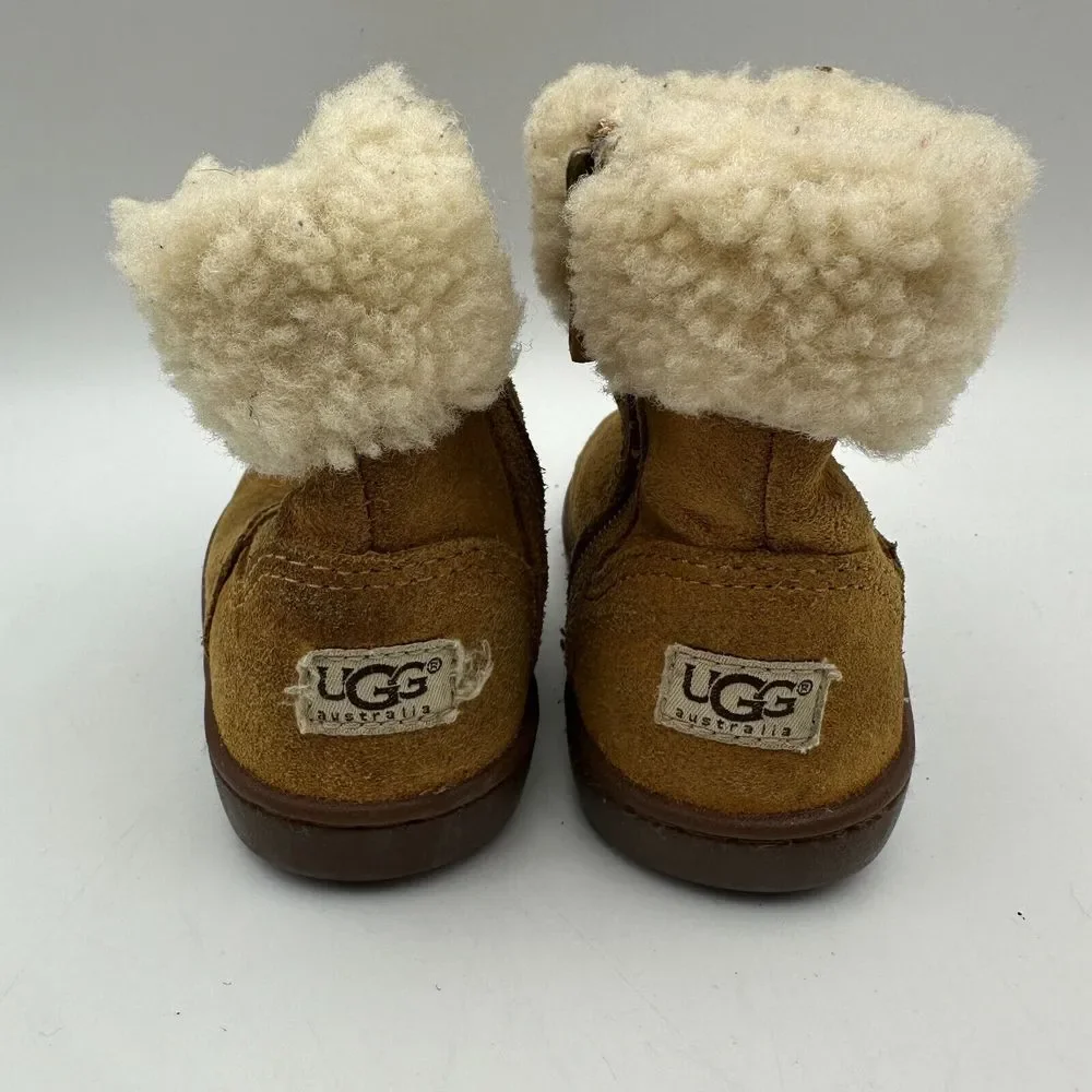 UGG Jorie II Winter Boots Unisex Kid 6 Brown Fur Trim Side Zip Round Toe Comfort